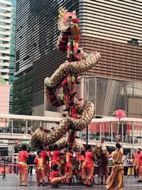 a group of people performing a dragon dance in a city